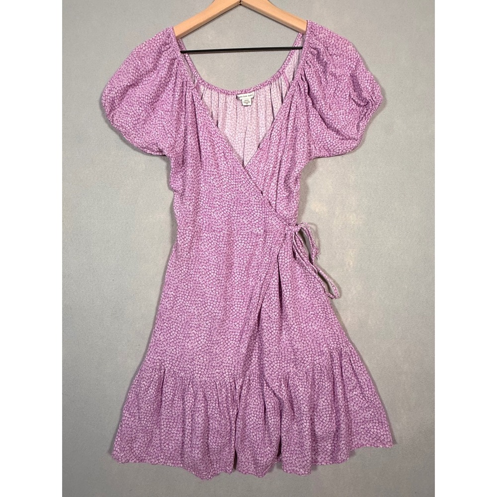 American Eagle Purple Floral Puff Sleeve Wrap Mini‎ Dress Small